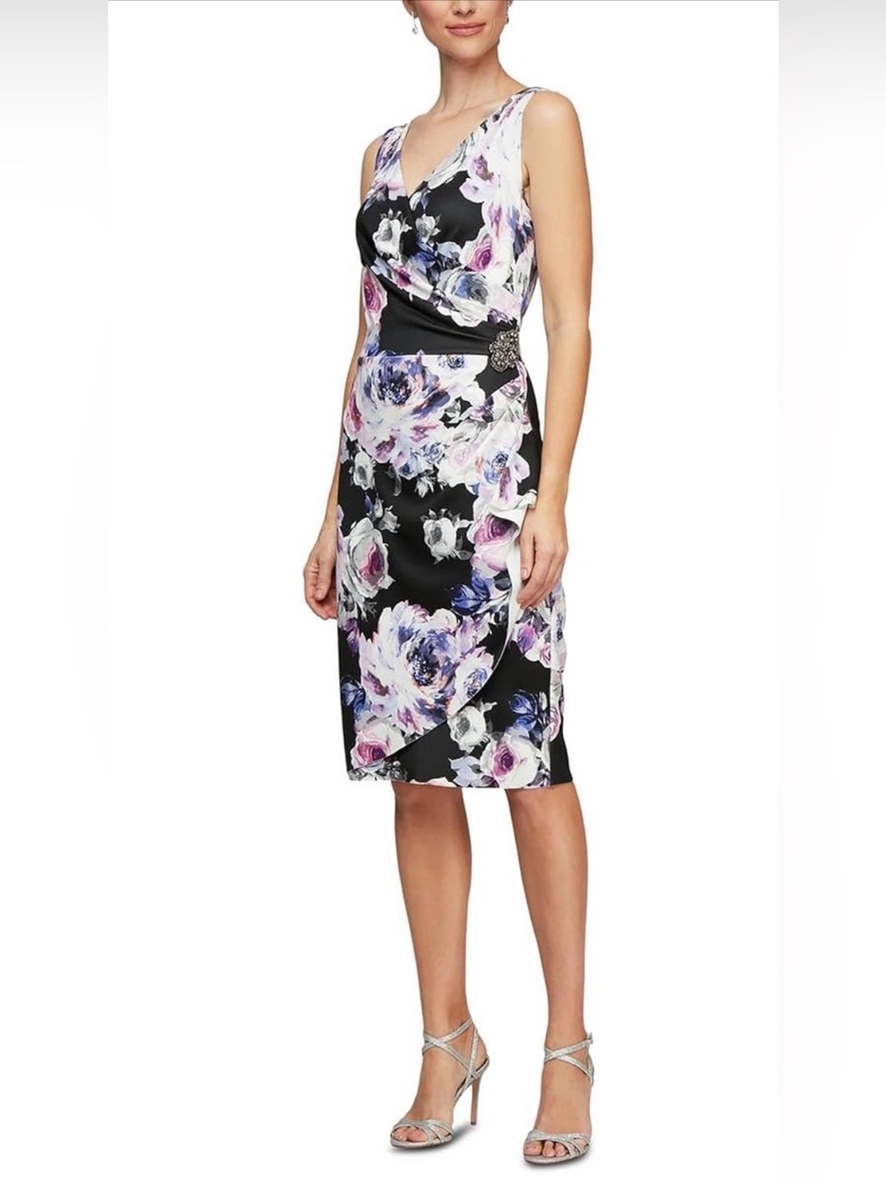 NWT Alex Evenings Black Floral Sheath Dress with Purple & White Print size 16